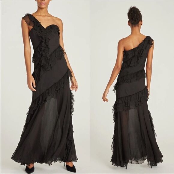 AMUR Harlow Silk One-Shoulder Ruffle Sheer Maxi Dress Black 2 - Picture 6 of 16